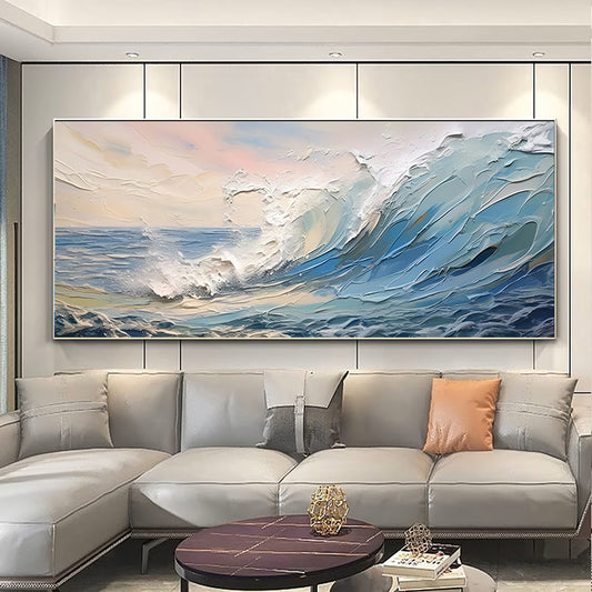 Large Seascape Wall Art, White Giant Waves Home Painting, Blue Ocean Canvas Texture Oil Painting, Living Room Wall Decor, Housewarming Gift